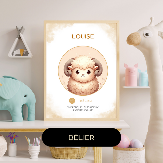 Affiche astrologique personnalisée Bélier pour bébé, avec illustration douce d’un petit bélier dans une chambre d’enfant décorée.
