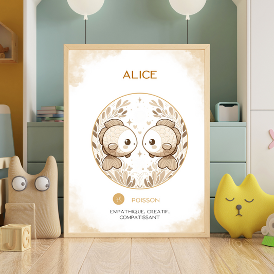 Affiche astrologique personnalisée Poisson pour bébé, avec illustration douce de deux petits poissons dans une chambre d’enfant décorée.