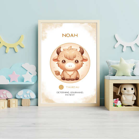 Affiche astrologique personnalisée Taureau pour bébé, avec illustration mignonne d’un petit taureau dans une chambre d’enfant colorée.