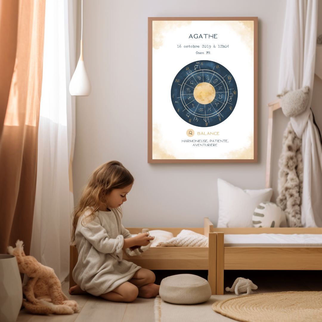 Affiche astrologique personnalisée Balance pour enfant, encadrée et accrochée dans une chambre décorée avec lit en bois et peluches.