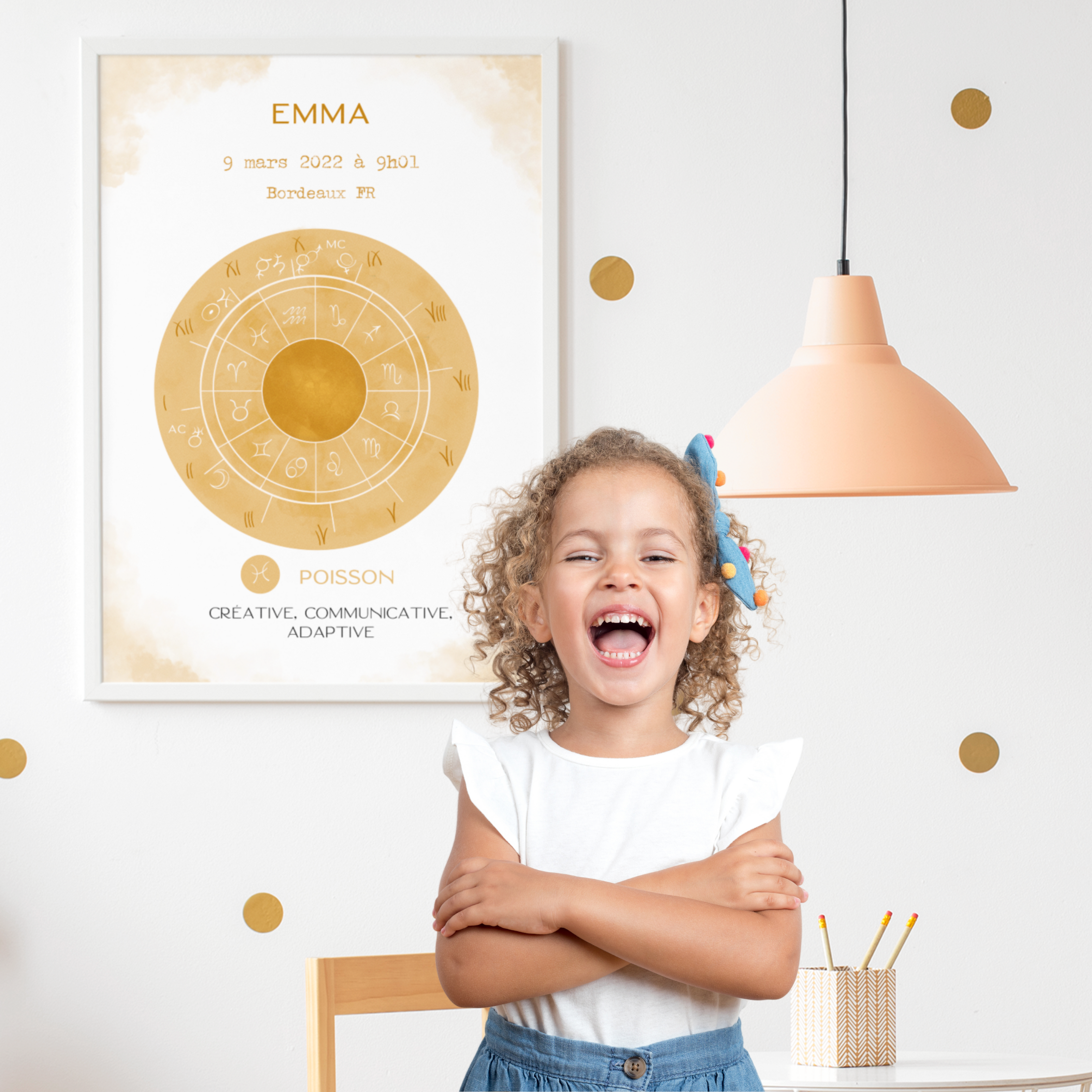 Petite fille souriante devant une affiche astrologique personnalisée Poissons, tableau de naissance encadré.