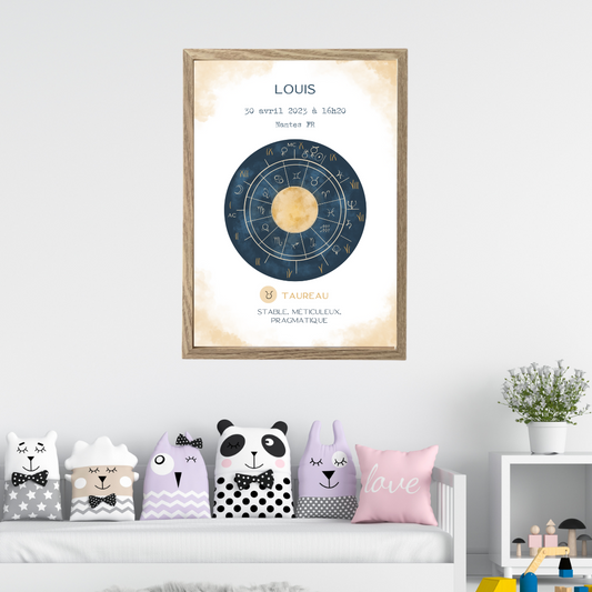 Affiche astrologique personnalisée Taureau pour bébé, cadre en bois accroché au-dessus d’une banquette avec coussins d’animaux dans une chambre d’enfant.