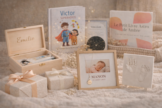 Photo d’idées de cadeaux de naissance disposées sur un plaid beige : boîte à souvenirs personnalisée, livres pour enfant, cadre photo de naissance, empreinte de pied de bébé et livre astrologique Le Petit Livre Astro  en arrière-plan