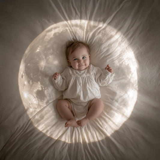 Bébé allongé au centre d’un halo de lumière en forme de lune, symbolisant la douceur et la poésie de l’univers Première Étoile.