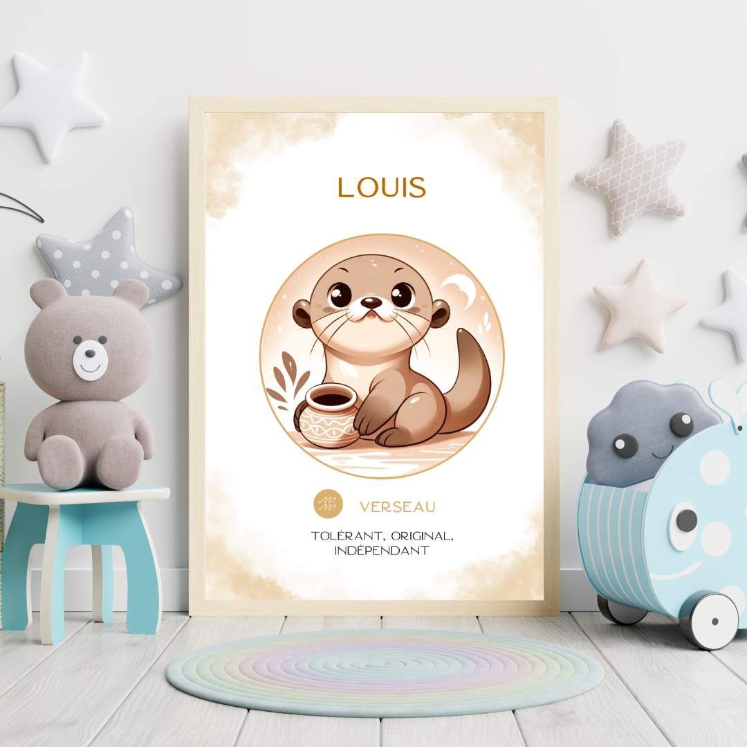 Affiche astrologique personnalisée Verseau pour bébé, avec illustration douce d’une petite loutre dans une chambre d’enfant décorée.