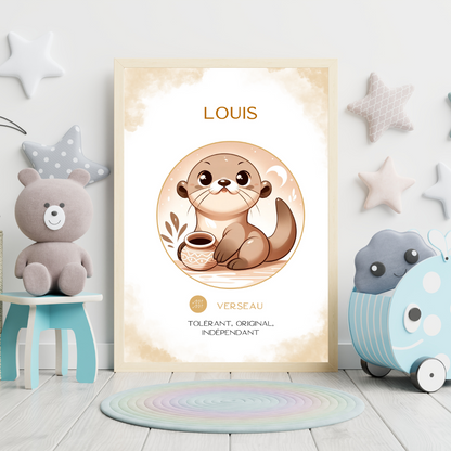 Affiche astrologique personnalisée Verseau pour bébé, avec illustration douce d’une petite loutre dans une chambre d’enfant décorée.