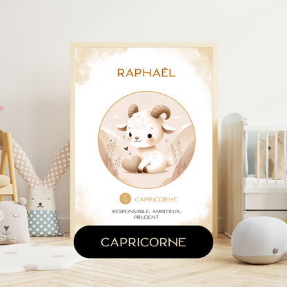 Tableau astrologique personnalisée Capricorne – un cadeau de naissance tendre et symbolique pour illuminer la chambre de bébé.