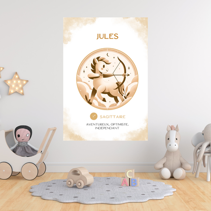 Tableau de naissance personnalisé Sagittaire : cadeau original bébé avec illustration cheval.
