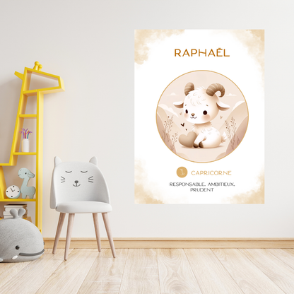 Tableau astrologique personnalisée Capricorne – un cadeau de naissance tendre et symbolique pour illuminer la chambre de bébé.