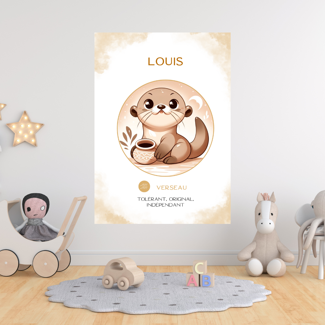 Tableau_astrologique_personnalisee_Verseau_pour_bebe_avec_illustration_douce_d_un_petit_verseau_dans_une_chambre_d_enfant_decoree.