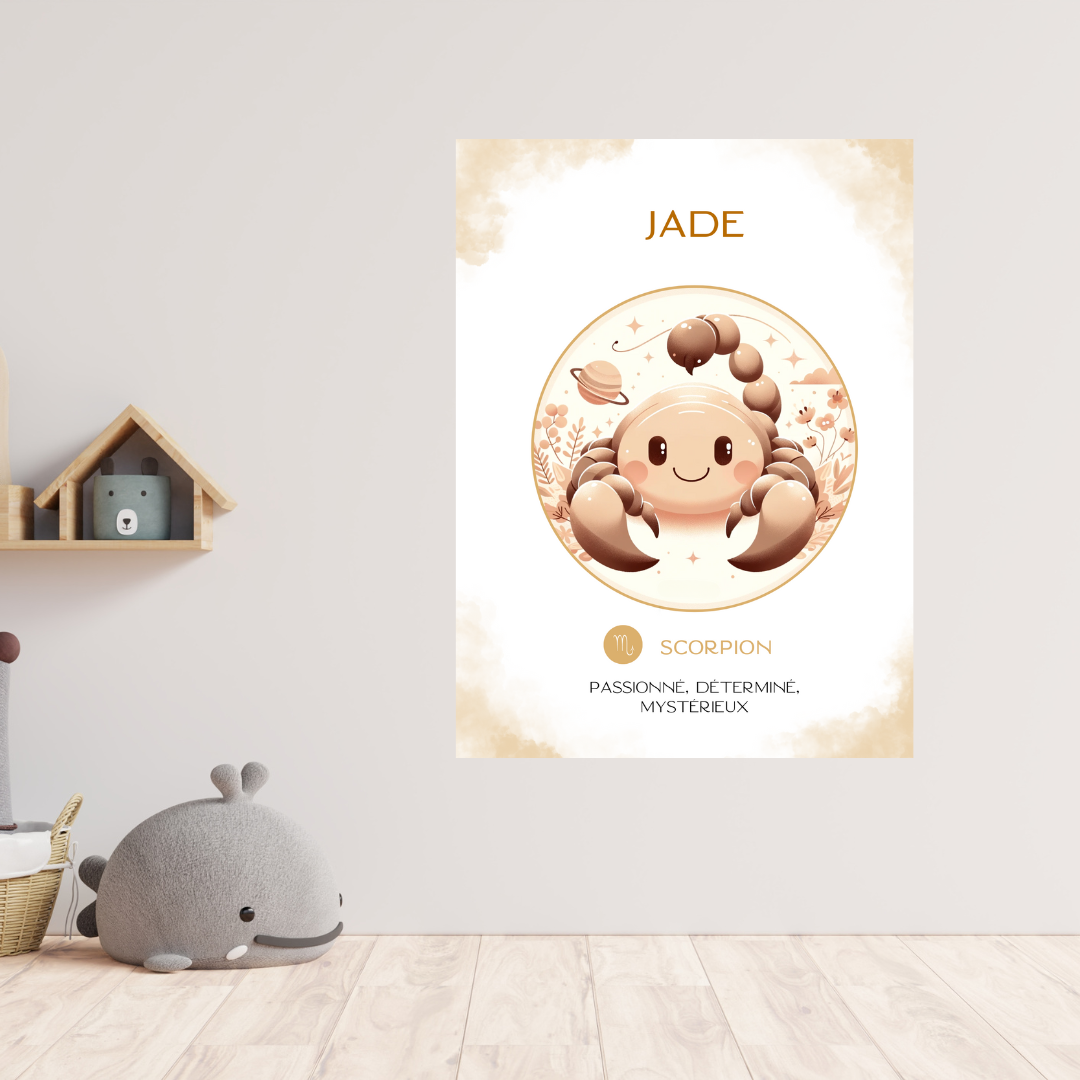 Tableau de naissance personnalisé Scorpion : cadeau original bébé avec illustration douce.