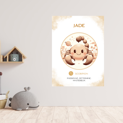 Tableau de naissance personnalisé Scorpion : cadeau original bébé avec illustration douce.