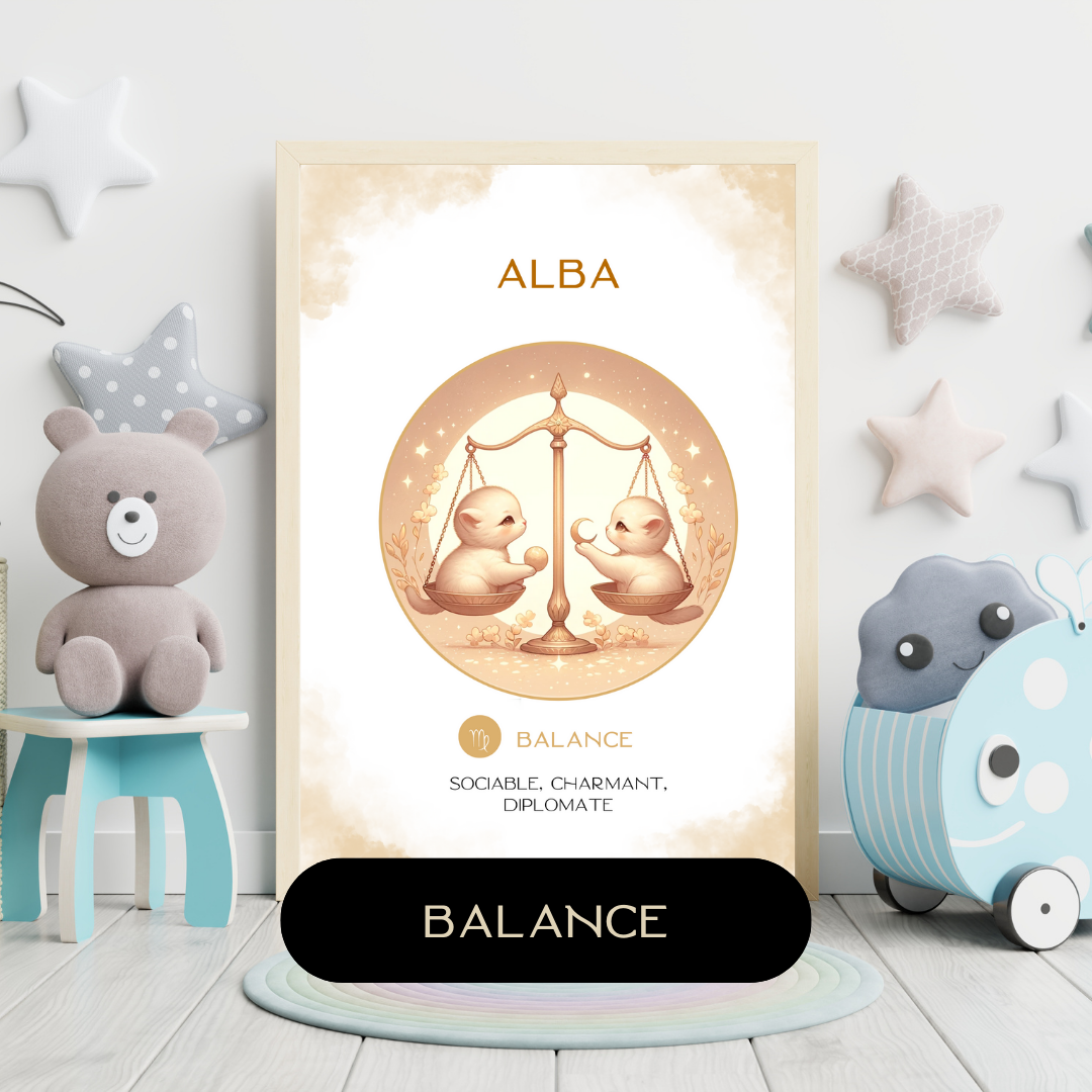 Affiche astrologique personnalisée Balance pour bébé, avec illustration douce de deux petits chats dans une chambre d’enfant décorée.