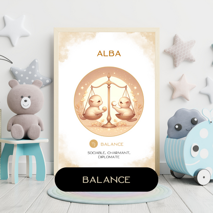 Affiche astrologique personnalisée Balance pour bébé, avec illustration douce de deux petits chats dans une chambre d’enfant décorée.