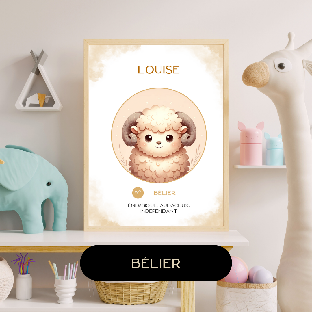 Affiche astrologique personnalisée Bélier pour bébé, avec illustration douce d’un petit bélier dans une chambre d’enfant décorée.