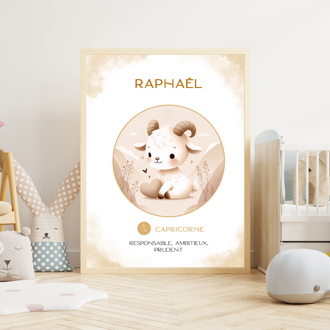 Affiche astrologique personnalisée Capricorne – un cadeau de naissance tendre et symbolique pour illuminer la chambre de bébé.