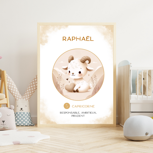 Affiche astrologique personnalisée Capricorne – un cadeau de naissance tendre et symbolique pour illuminer la chambre de bébé.