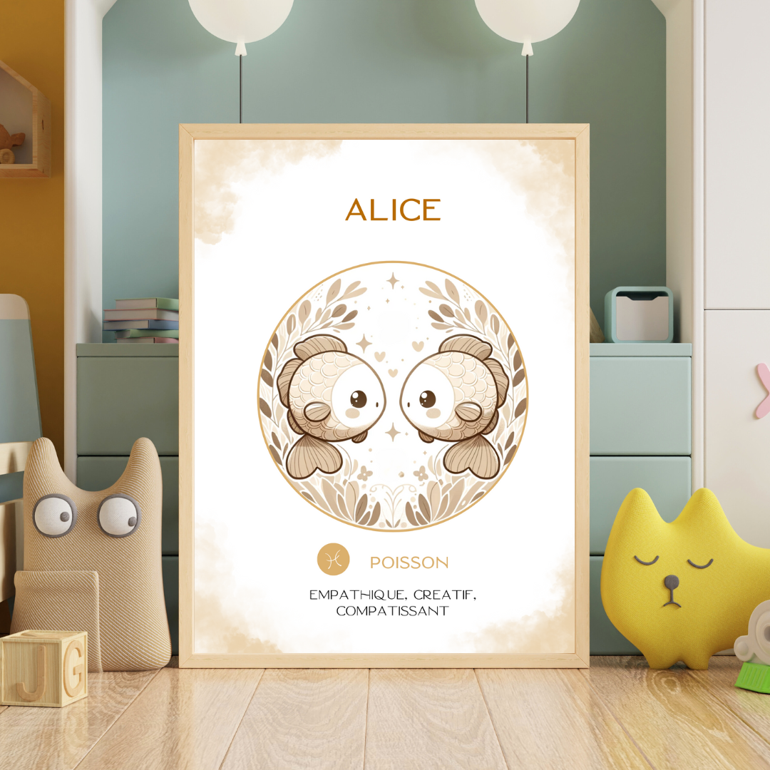 Affiche astrologique personnalisée Poisson pour bébé, avec illustration douce de deux petits poissons dans une chambre d’enfant décorée.