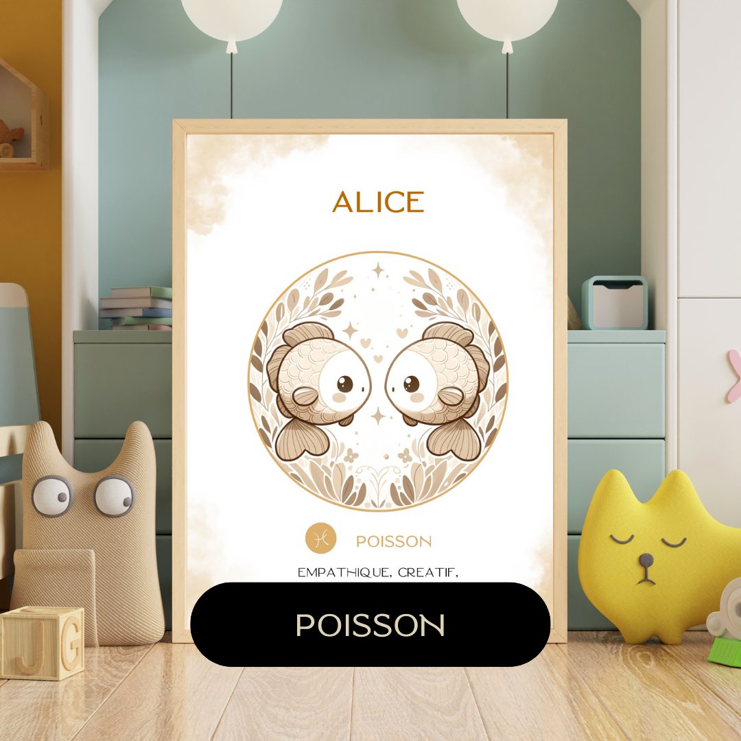 Affiche astrologique personnalisée Poisson pour bébé, avec illustration douce de deux petits poissons dans une chambre d’enfant décorée.