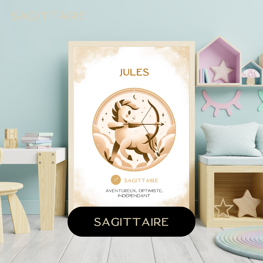 Affiche astrologique personnalisée Sagittaire pour bébé, avec illustration douce d’un petit cheval dans une chambre d’enfant décorée.