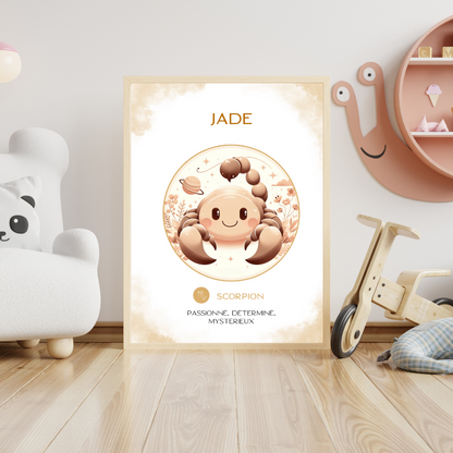 Affiche astrologique personnalisée Scorpion pour bébé, avec illustration douce d’un petit Scorpion dans une chambre d’enfant décorée.