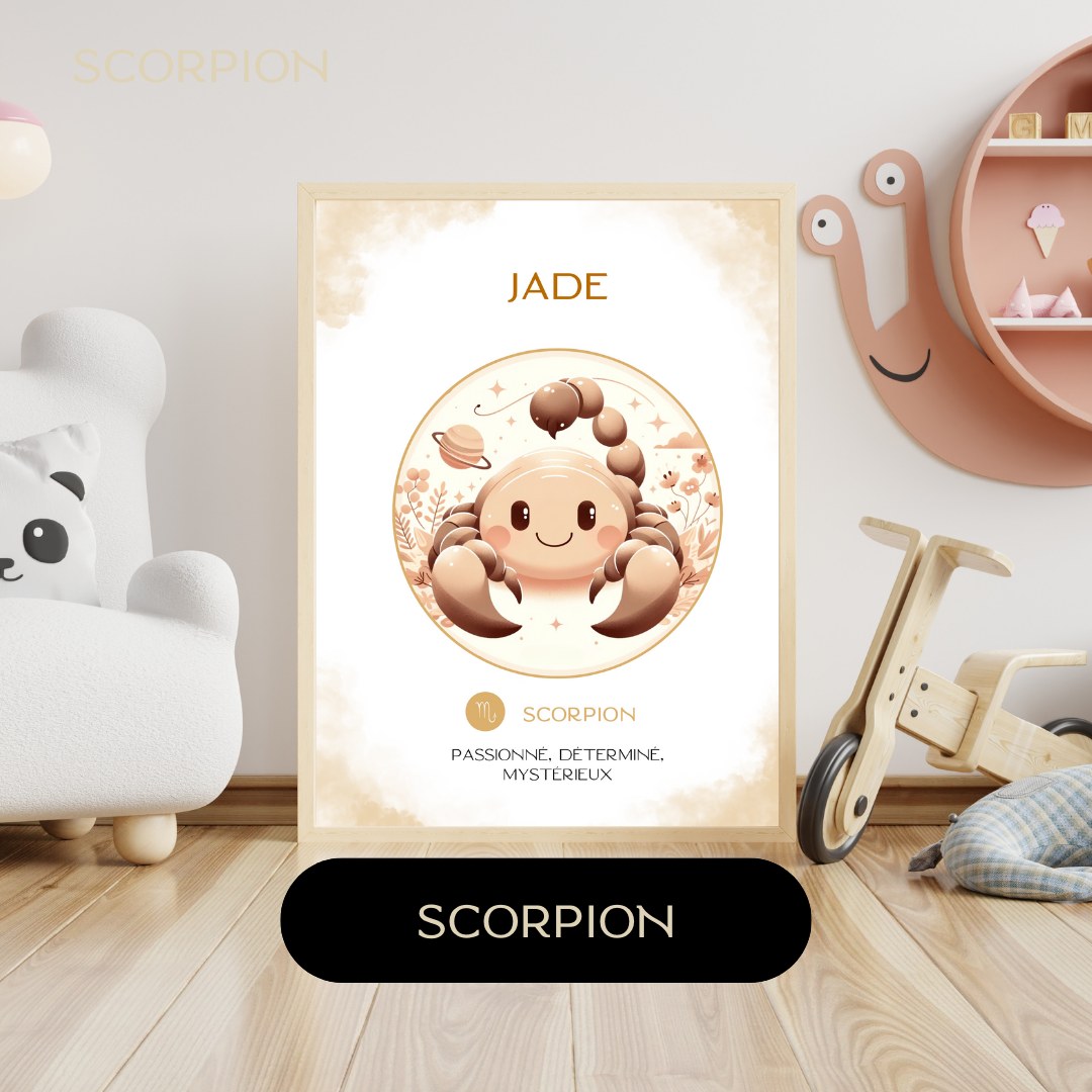 Affiche astrologique personnalisée Scorpion pour bébé, avec illustration douce d’un petit Scorpion dans une chambre d’enfant décorée.