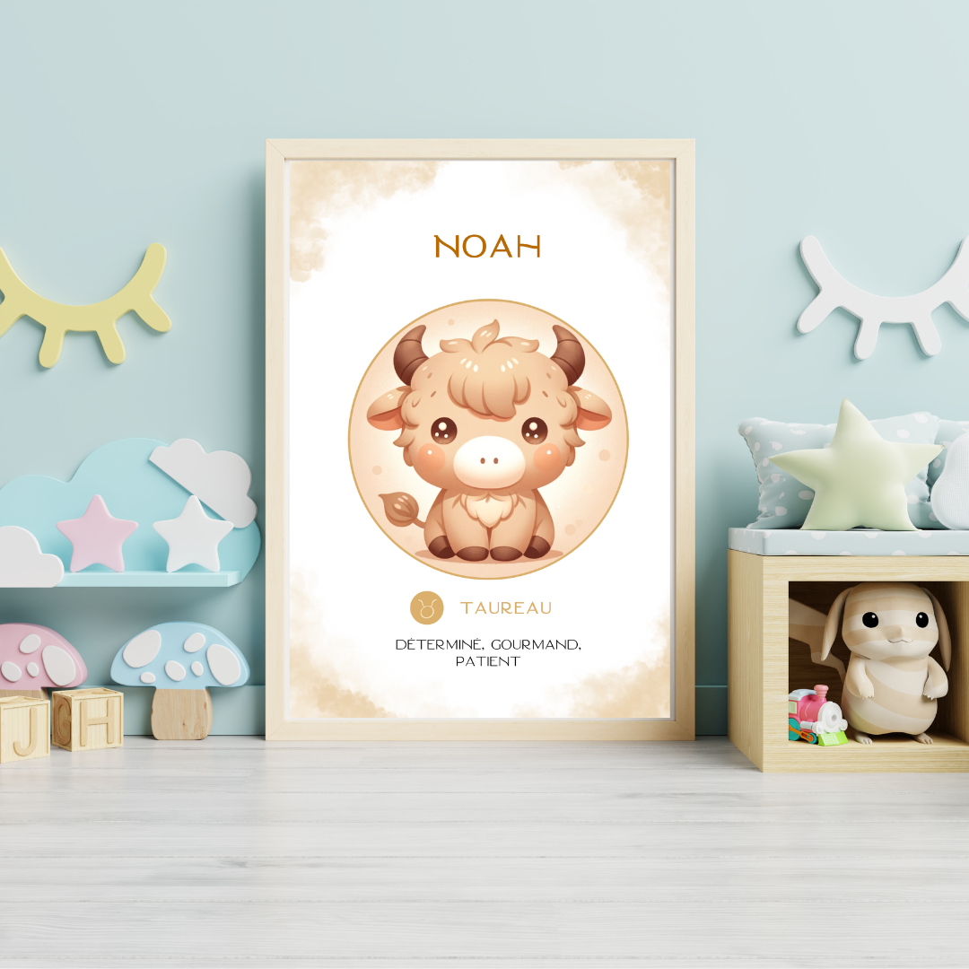 Affiche astrologique personnalisée Taureau pour bébé, avec illustration mignonne d’un petit taureau dans une chambre d’enfant colorée.