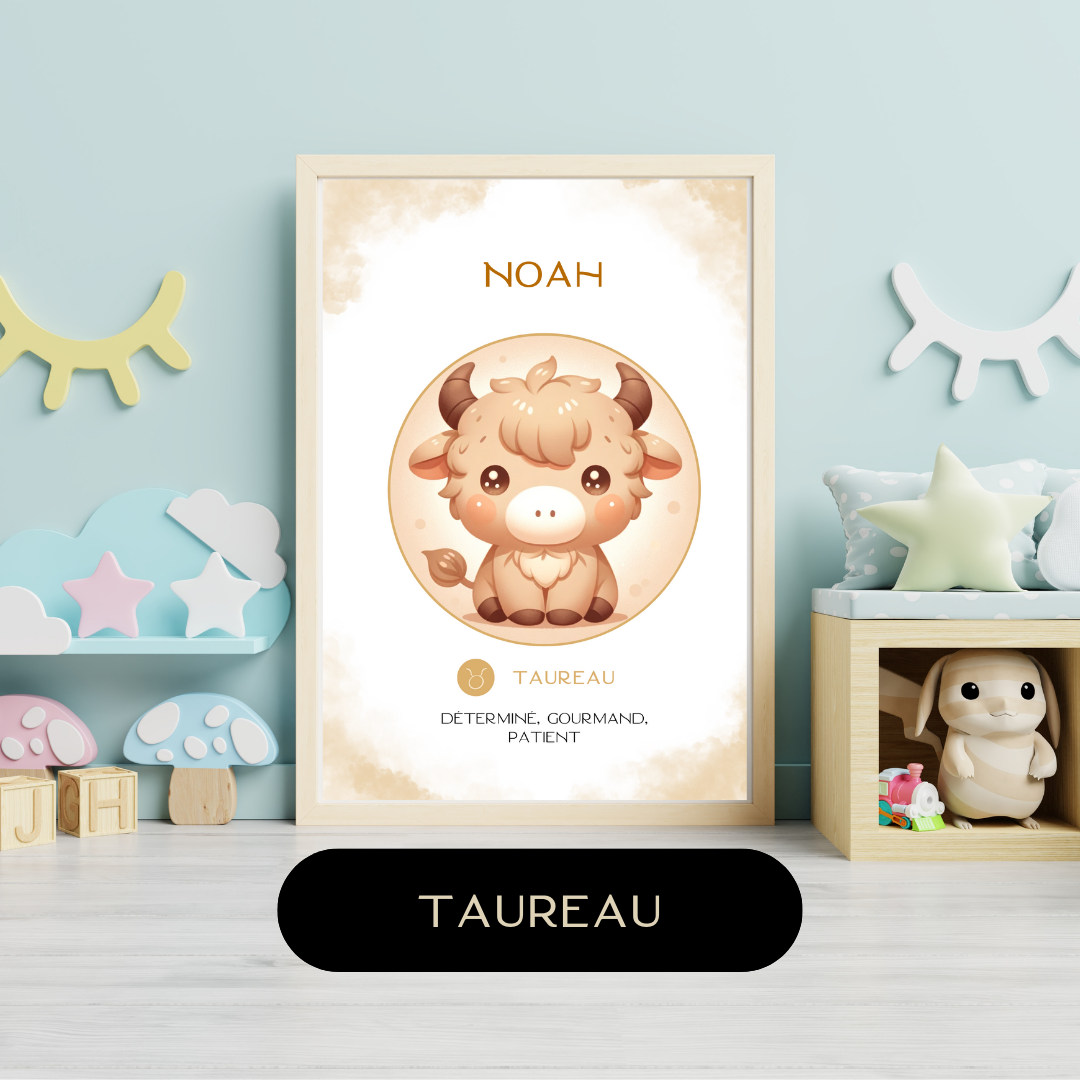 Affiche astrologique personnalisée Taureau pour bébé, avec illustration mignonne d’un petit taureau dans une chambre d’enfant colorée.