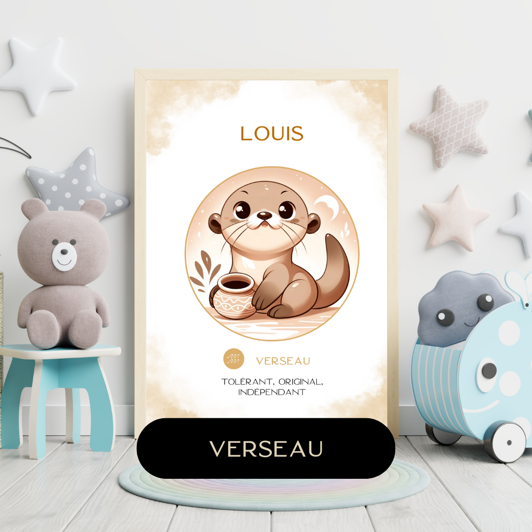 Affiche astrologique personnalisée Verseau pour bébé, avec illustration douce d’une petite loutre dans une chambre d’enfant décorée.