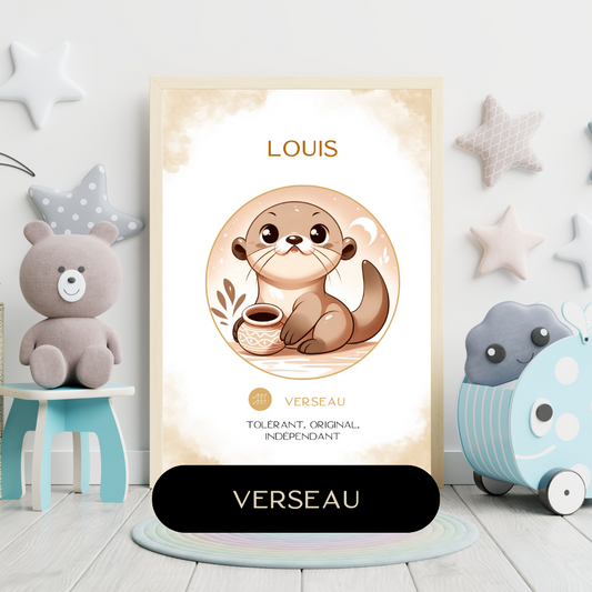 Affiche astrologique personnalisée Verseau pour bébé, avec illustration douce d’une petite loutre dans une chambre d’enfant décorée.