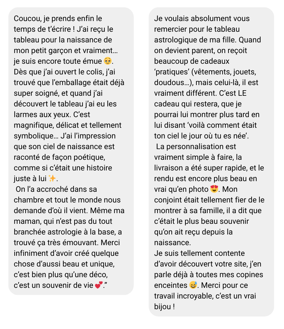 Avis clients authentiques sur les tableaux astrologiques personnalisés, cadeaux de naissance uniques et émouvants.
