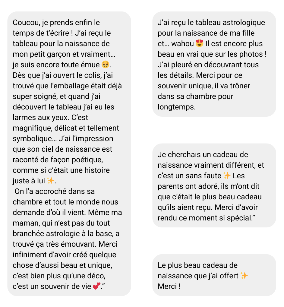 Avis clients authentiques sur les tableaux astrologiques personnalisés, cadeaux de naissance uniques et émouvants.