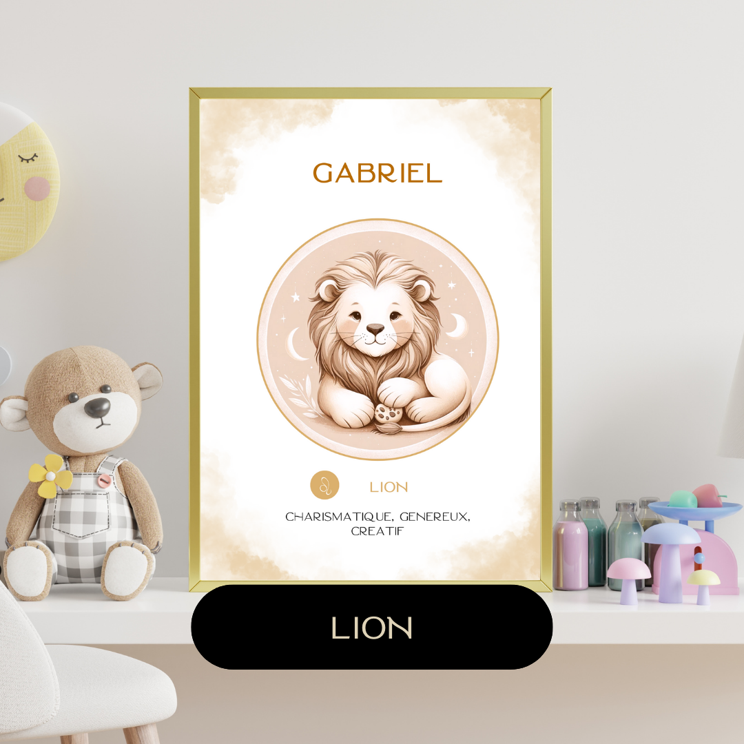 Affiche astrologique personnalisée Lion pour bébé, avec illustration douce d’un lion et encadrée sur une étagère de chambre d’enfant.