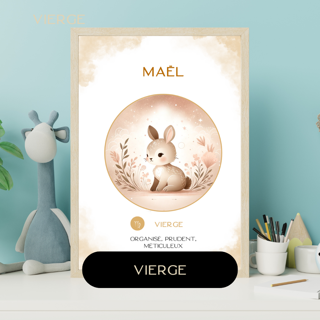 Affiche astrologique personnalisée  Vierge pour bébé, avec illustration douce d’un lapin et encadrée sur une étagère de chambre d’enfant.