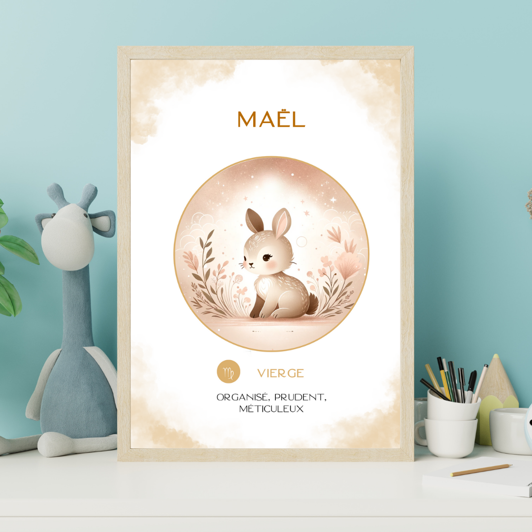 Affiche astrologique personnalisée Vierge pour bébé, avec illustration douce d’un lapin et encadrée sur une étagère de chambre d’enfant.