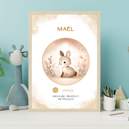Affiche astrologique personnalisée Vierge pour bébé, avec illustration douce d’un lapin et encadrée sur une étagère de chambre d’enfant.