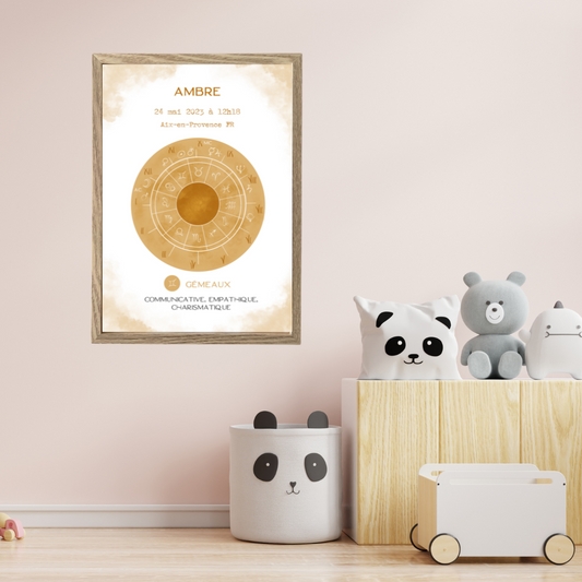 Affiche astrologique personnalisée Gémeaux pour bébé, tableau encadré accroché dans une chambre d’enfant décorée avec peluches panda.