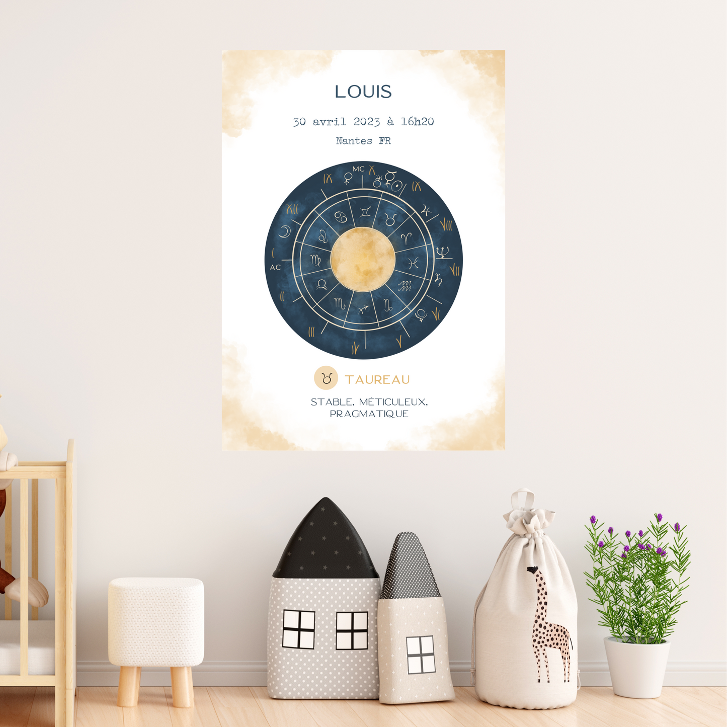 Affiche astrologique personnalisée Taureau pour bébé, tableau mural bleu et doré dans une chambre d’enfant à la décoration naturelle et épurée.